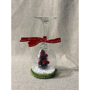 Christmas Wine Glass Ornament Miniature Tree Snow Scene Red Ribbon Decor